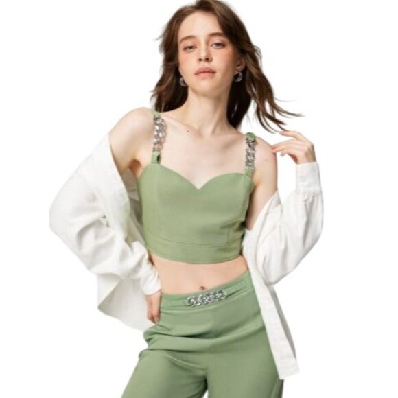 NWT Cider L Green NWT Cropped Bustier Top Silver Chain Straps & Back Zip Closure - Picture 1 of 10